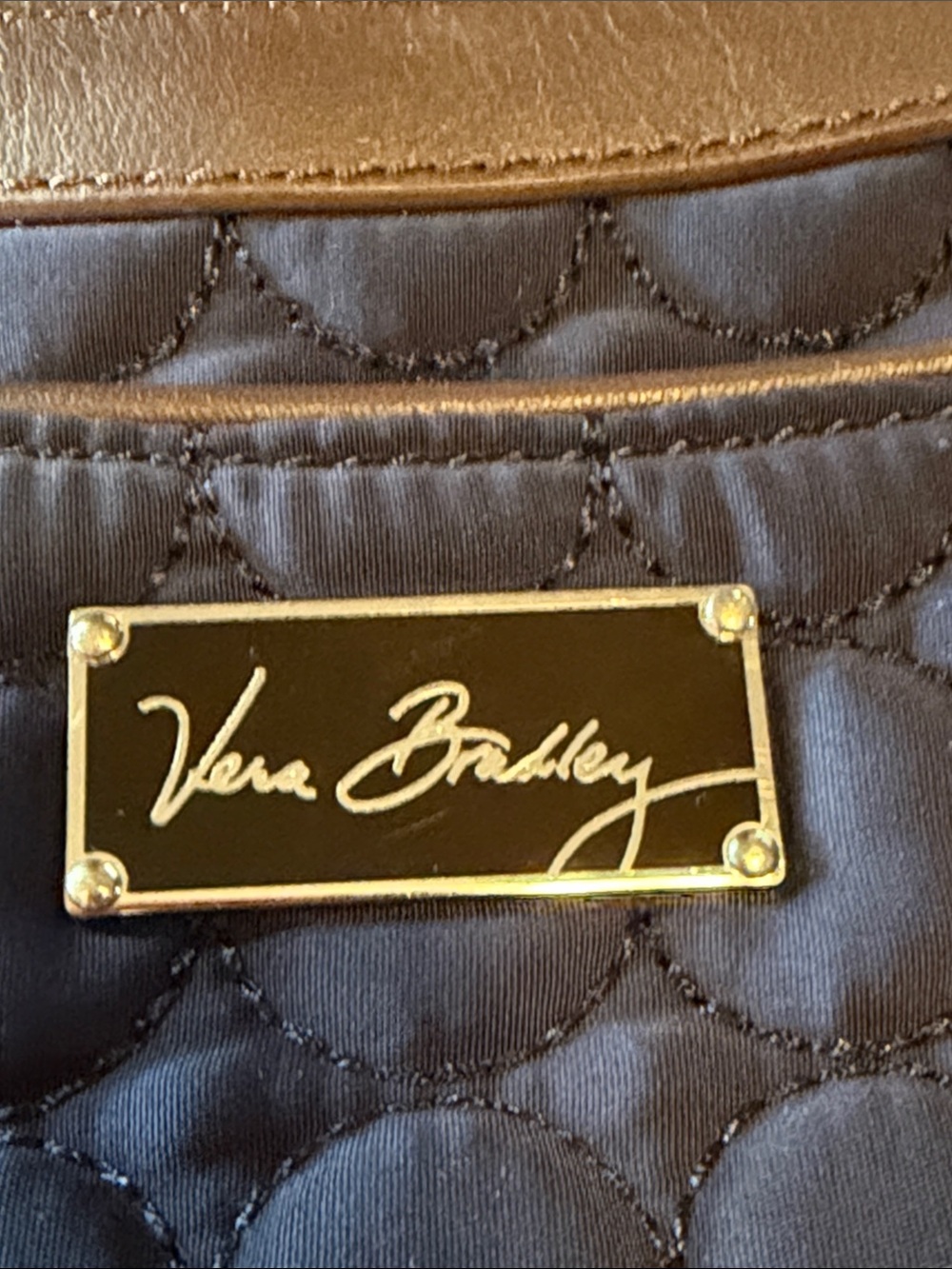 Vera Bradley Wildwood Park microfiber bag. Quilted navy blue with brown strap. - Picture 2 of 13